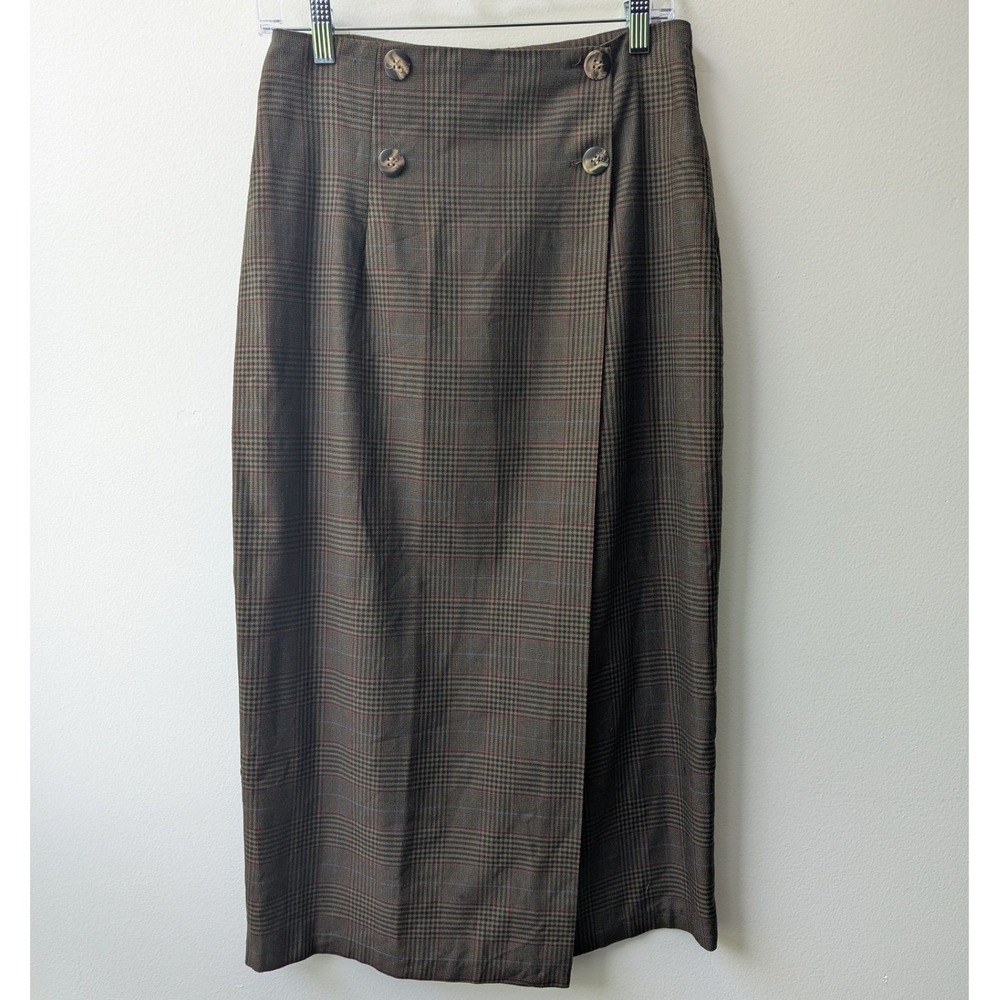 Vtg 90s Wrap Skirt Brown Plaid Button Front Sz 11 Dark Academia Chic Office